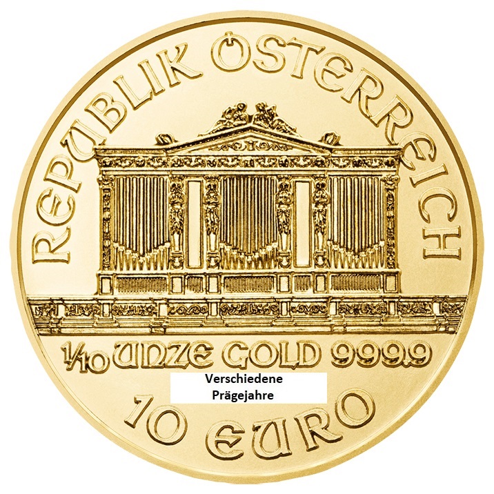 1/10 Unze Gold Wiener Philharmoniker, verschiedene Jahrgänge